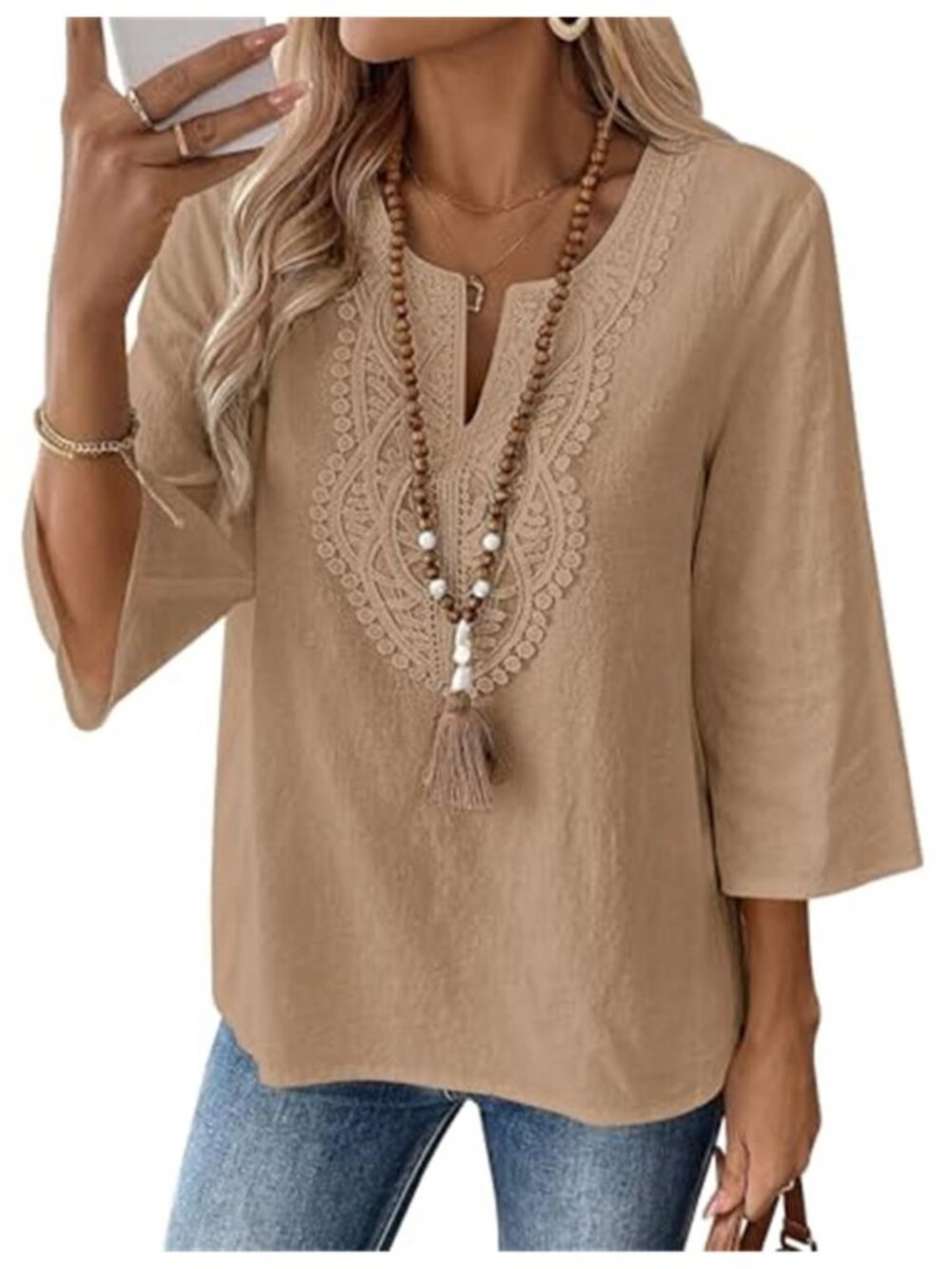 Womens Cotton Linen Blouse V Neck Lace Tunic Top 34 Sleeve Loose Fit Shirt